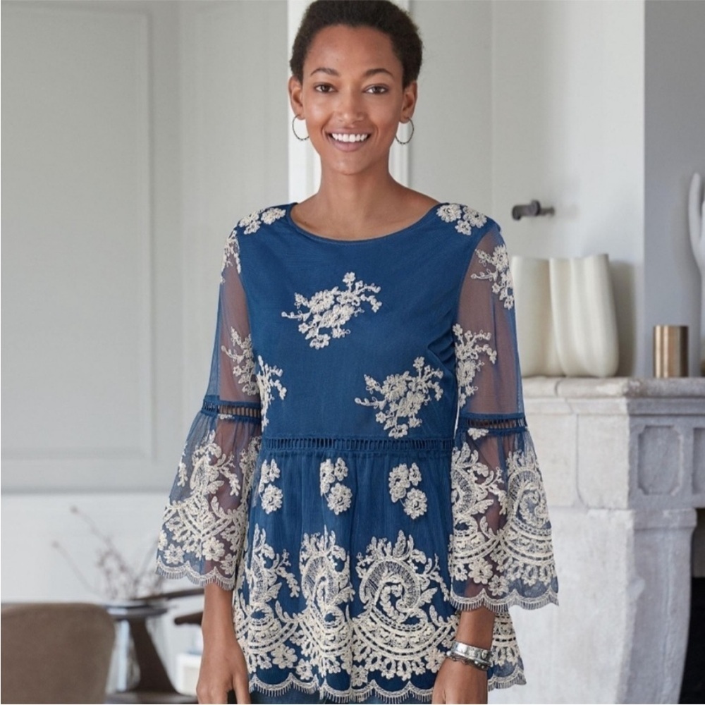 Sundance Navy Blue Lace Overlay Peplum Blouse with Cream Embroidery